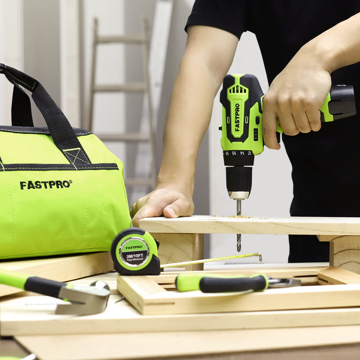 FASTPRO 12V Cordless Drill Set Home Tool Kit with Bag Green - FASTPRO Official Imagery - 7