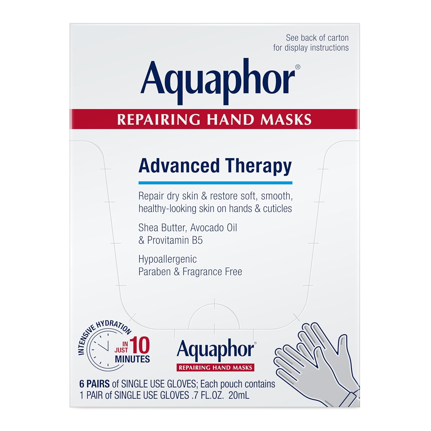 Aquaphor Repairing Hand Masks moisturizing gloves for dry hands, showing soft, hydrating glove masks in a close-up image.