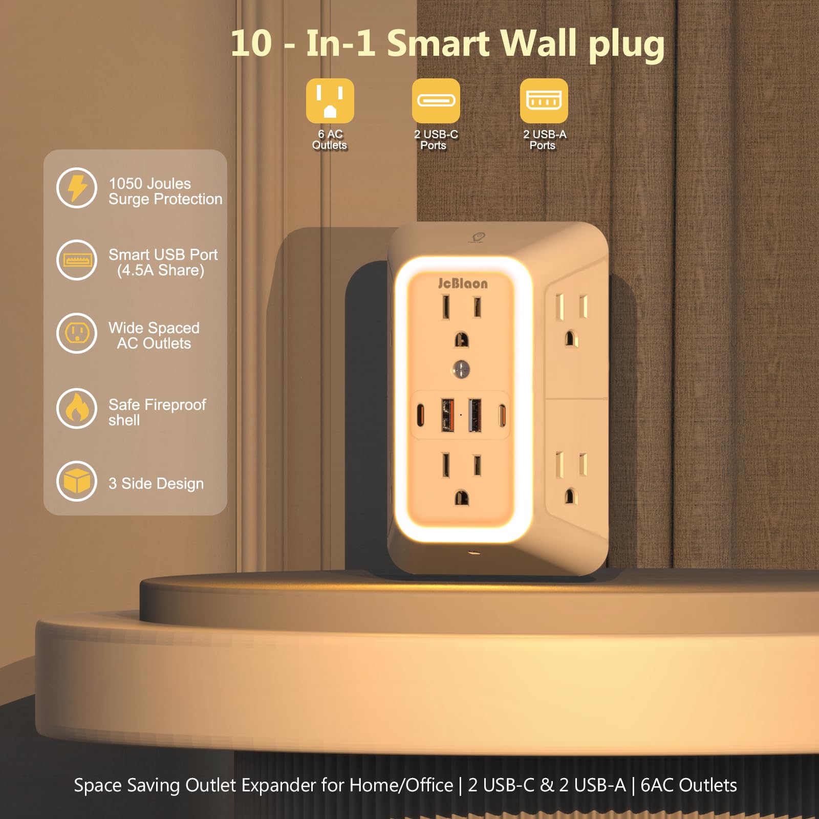 JcBlaon Wall Outlet Extender with Night Light, Power Plug Adapter by JcBlaon - Angle View 2