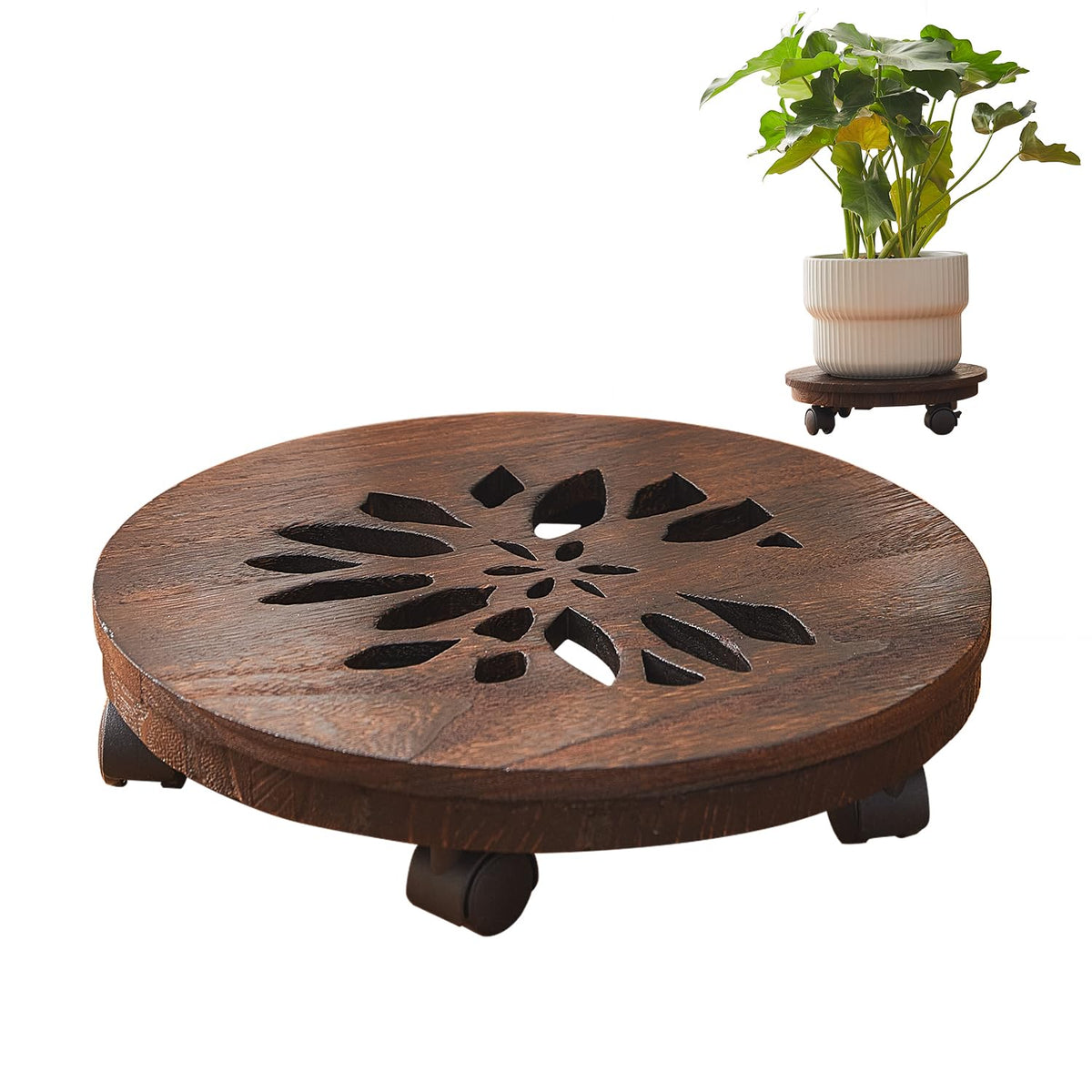 Wooden Plant Stand with Wheels Rolling Planter Caddy Heavy - GZQWDC Official Imagery - 1