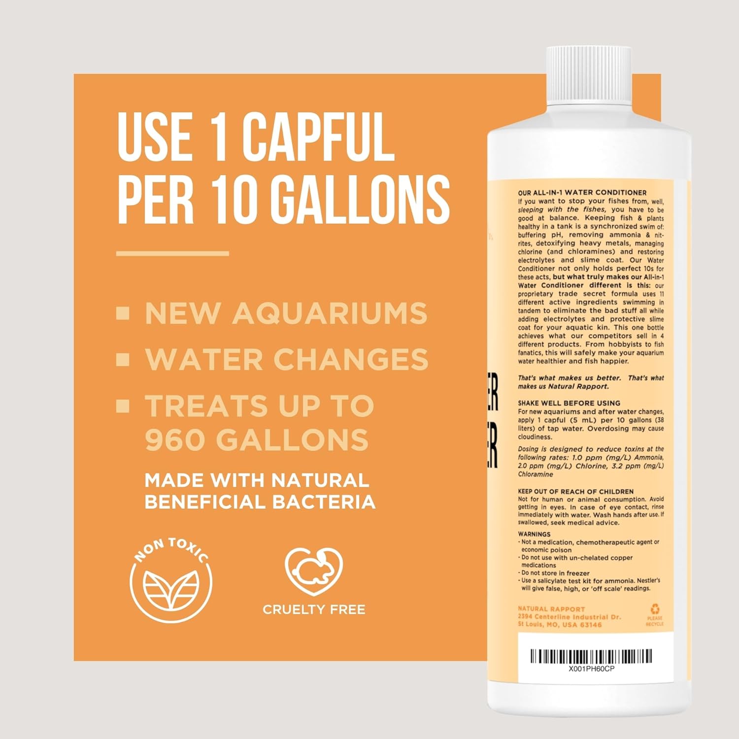 Natural Rapport Aquarium Water Conditioner bottle showing label, used for detoxifying and removing ammonia from fish tank water.