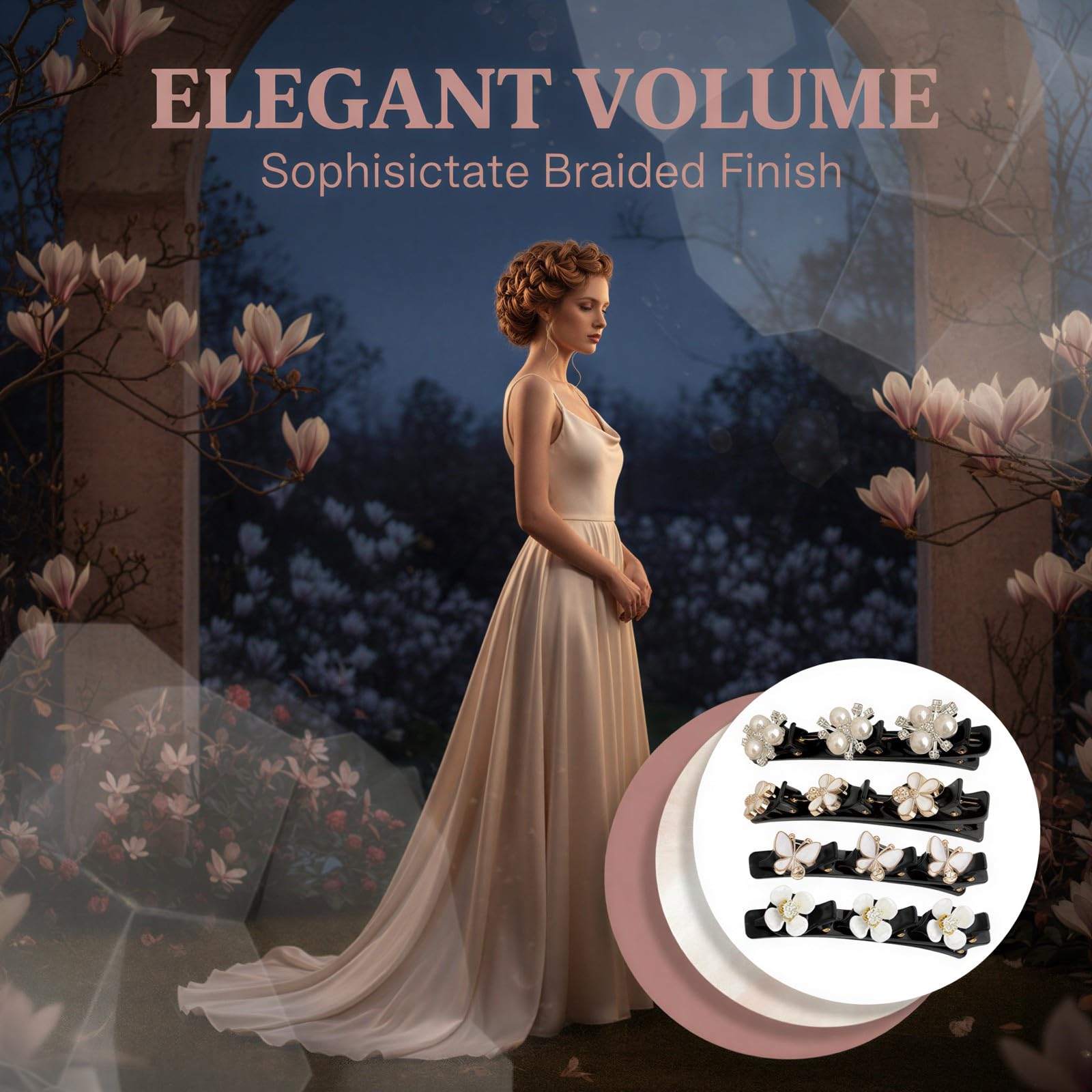 4 Pcs Rhinestone Twisted Hair Clips, 3.5 in / 9 cm Decorative Pearl Clip and Duckbill Hairpins, Crystal Flower Double Layer Hair Clips for Weaving Bangs and Styling Hair