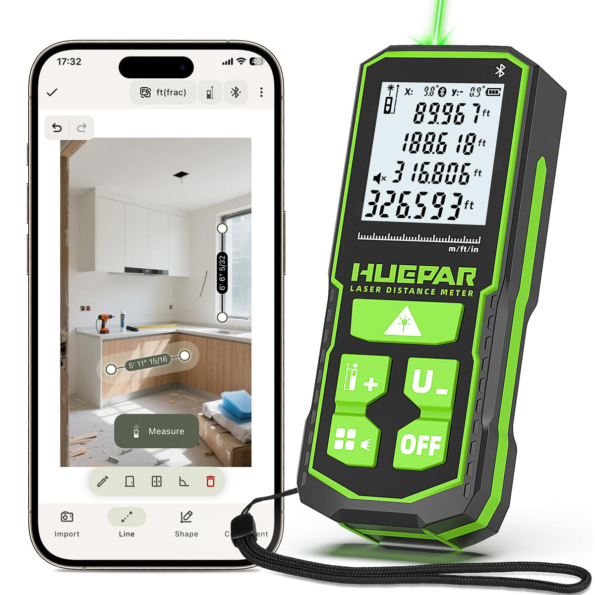 Huepar Bluetooth Green Laser Measuring Tool 330FT S100 G BT - Huepar Official Imagery - 2