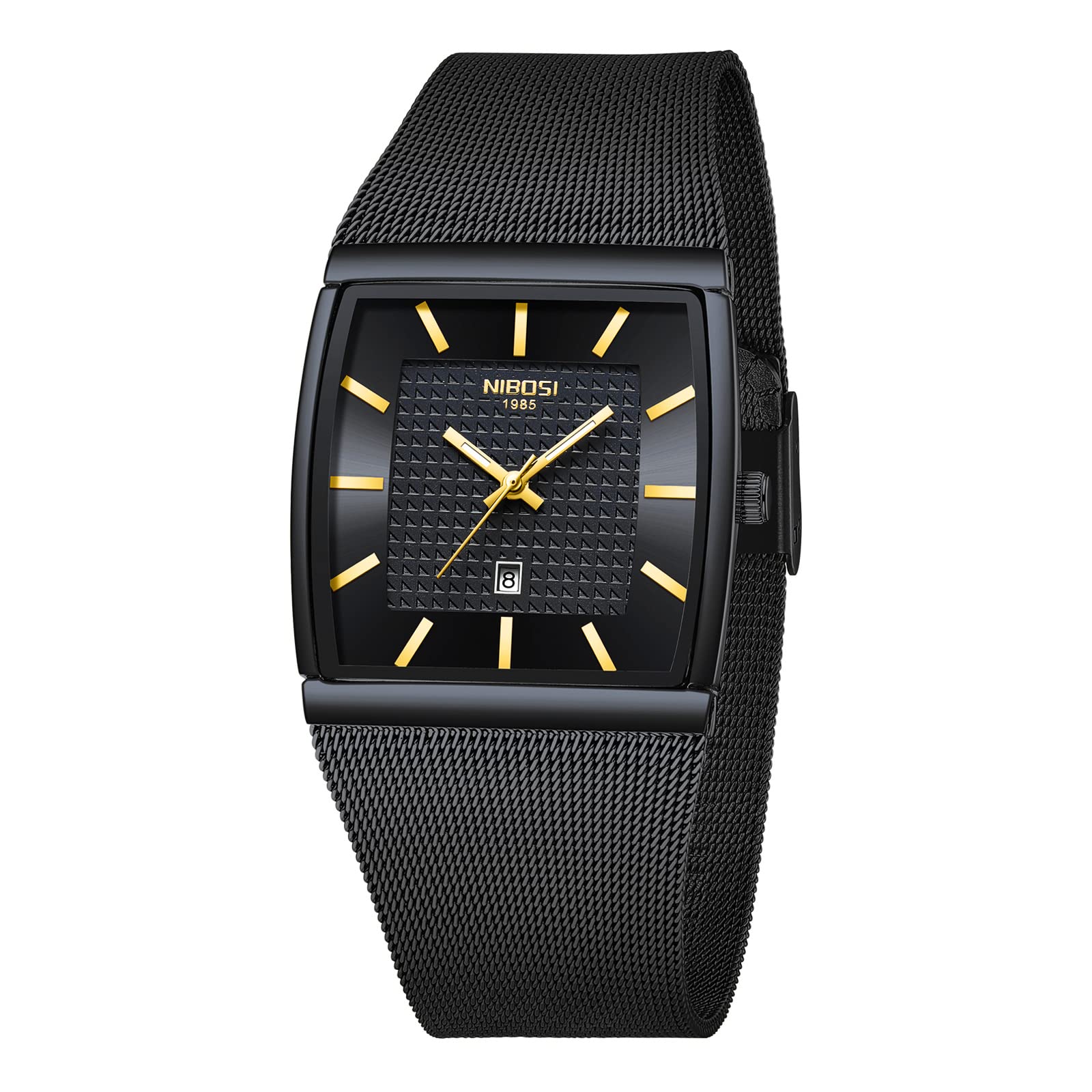NIBOSI Men's Analog Watch, Square Dial Mesh Strap, Date Display - Product Imagery