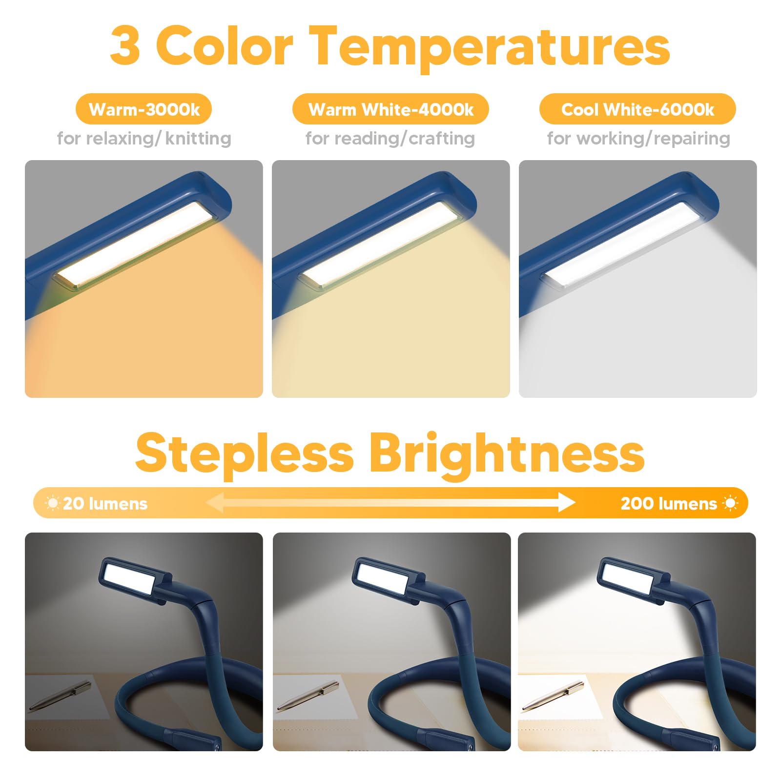 EastPin Neck Book Light, 3 Color Stepless Dimming Reading Light for Be - View 4