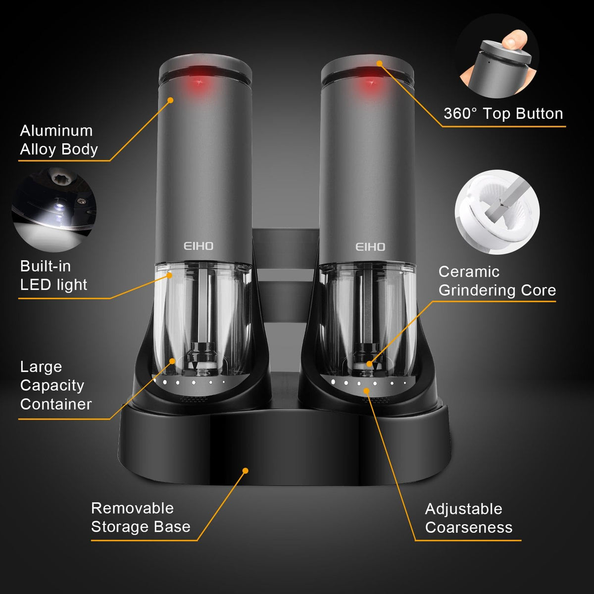 EIHO Electric Salt and Pepper Grinder Set USB Rechargeable - EIHO Official Imagery - 7
