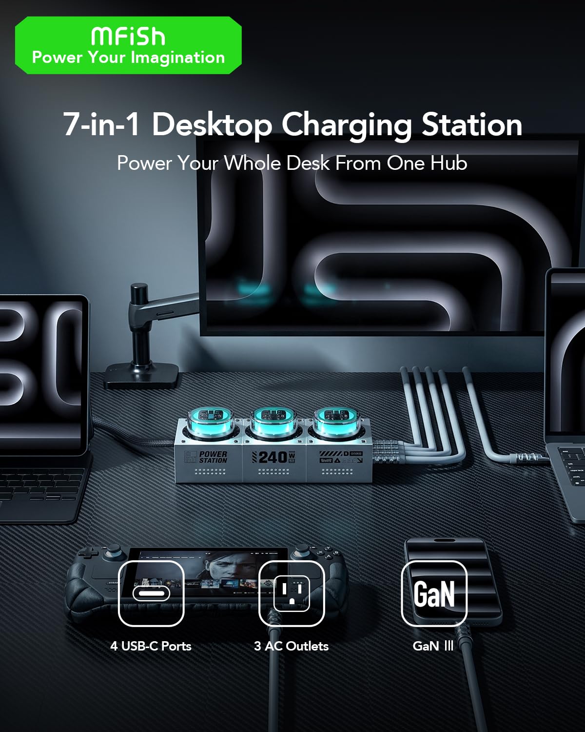 E Tank 7 in 1 Desktop Charging Station 240W Max GaN USB C - MFish Official Imagery - 3