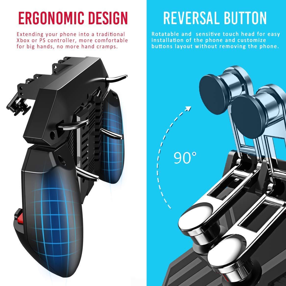DELAM mobile game controller with cooling fan for iPhone and Android, featuring ergonomic design and built-in cooling system.