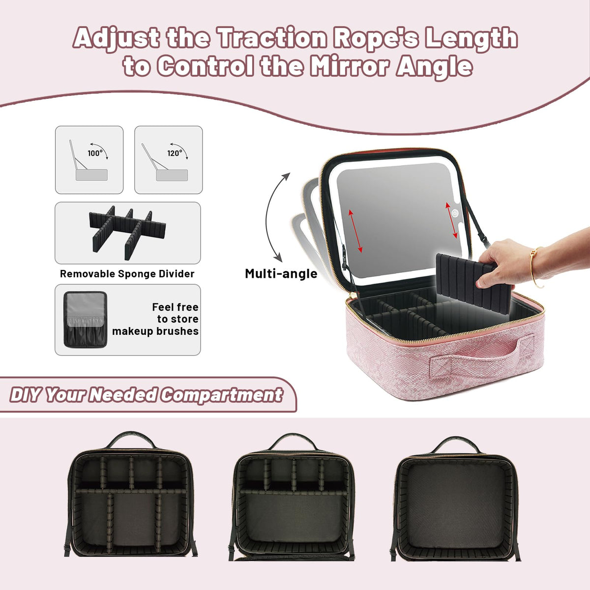 Travel Makeup Bag with LED Mirror 3 Brightness Modes - PRALENA Official Imagery - 7