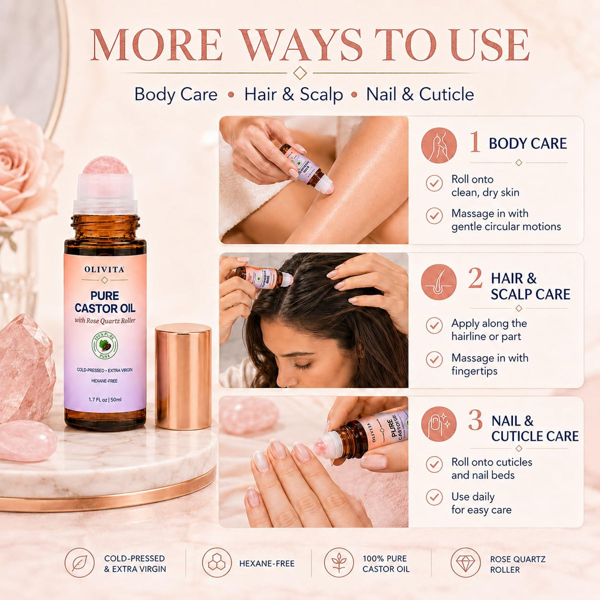 OLIVITA Castor Oil Rose Quartz Roller Ball for Face Brows - OLIVITA Official Imagery - 4