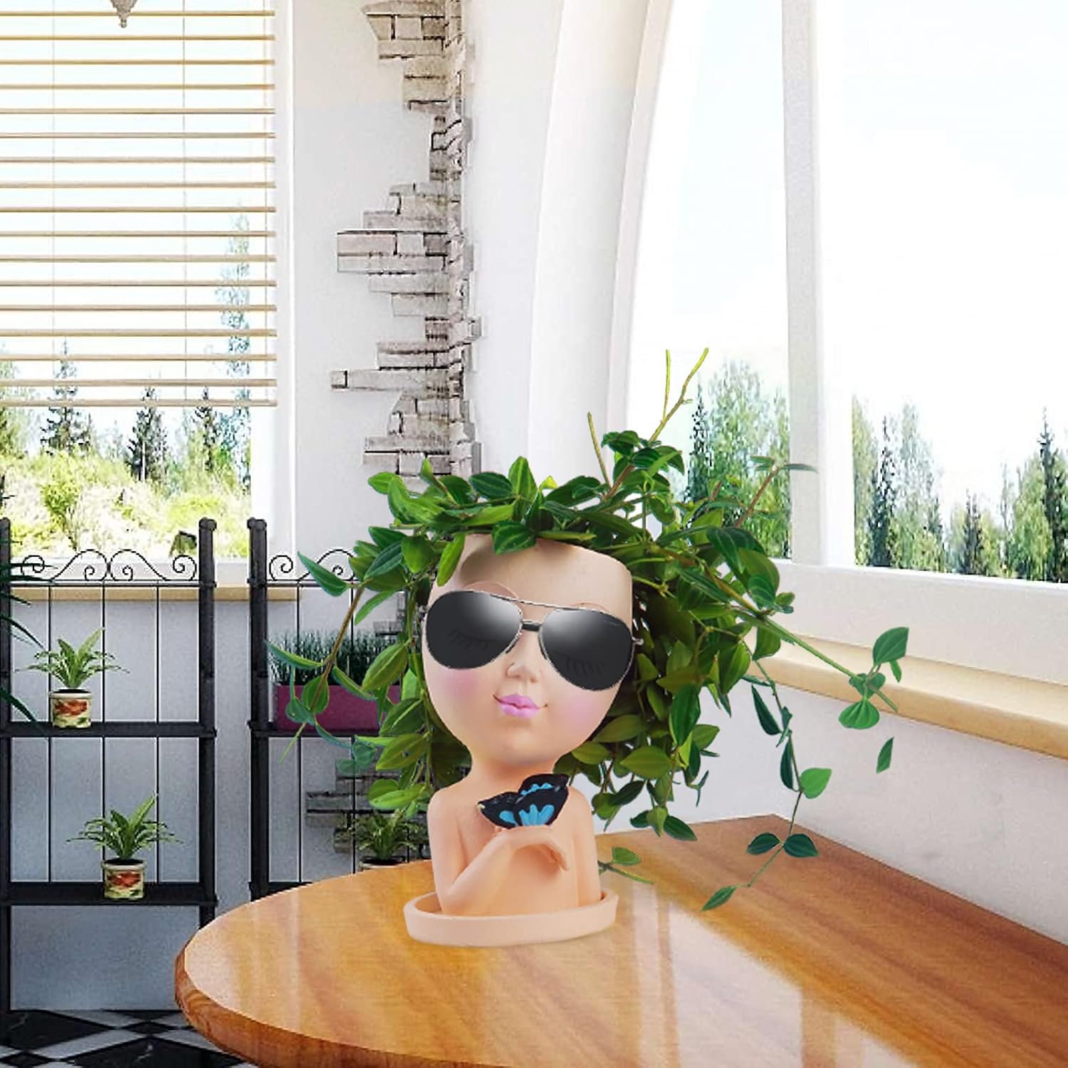 Weweow face planter for outdoor succulents, resin flower pot with drainage hole, cute lady face design for plants.