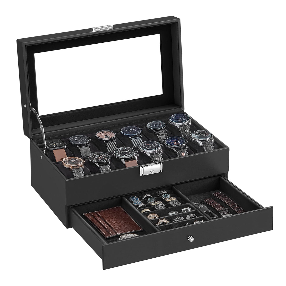 SONGMICS 12 Slot Watch Box Lockable with Glass Lid 2 Layers - SONGMICS Official Imagery - 8