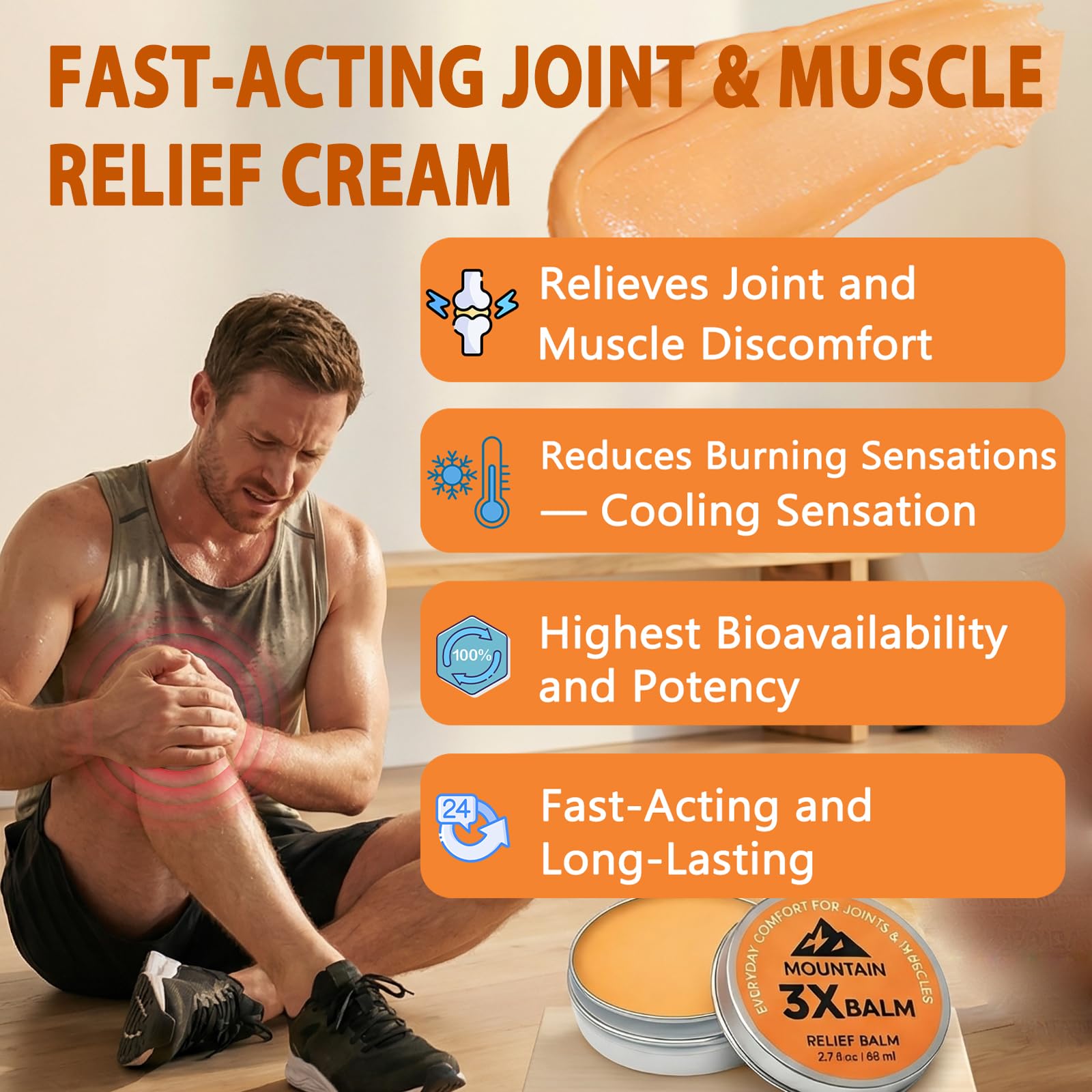 3X Relief Balm, 3X Relief Balms for Joint, Knee, Foot & Back, with Organic Arnica & Camphor - Soothing Care Ointment, Fast Absorbing, Non-Greasy Formula, 2.7fl oz (1)