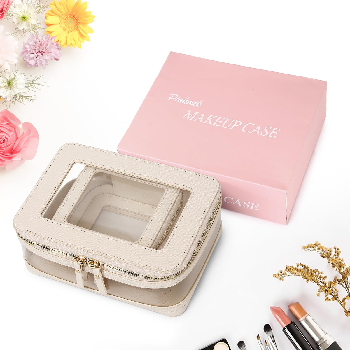 Pinkmik Clear Makeup Bag with Zipper Beige M MINI 1 - Pinkmik Official Imagery - 8