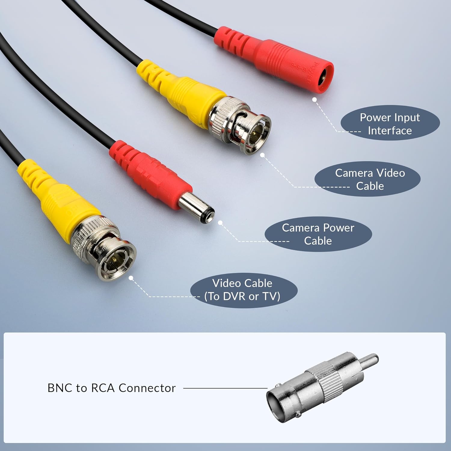ABLEGRID 4-pack 100ft BNC video power cables for CCTV security cameras, showing the coiled cables and connectors.