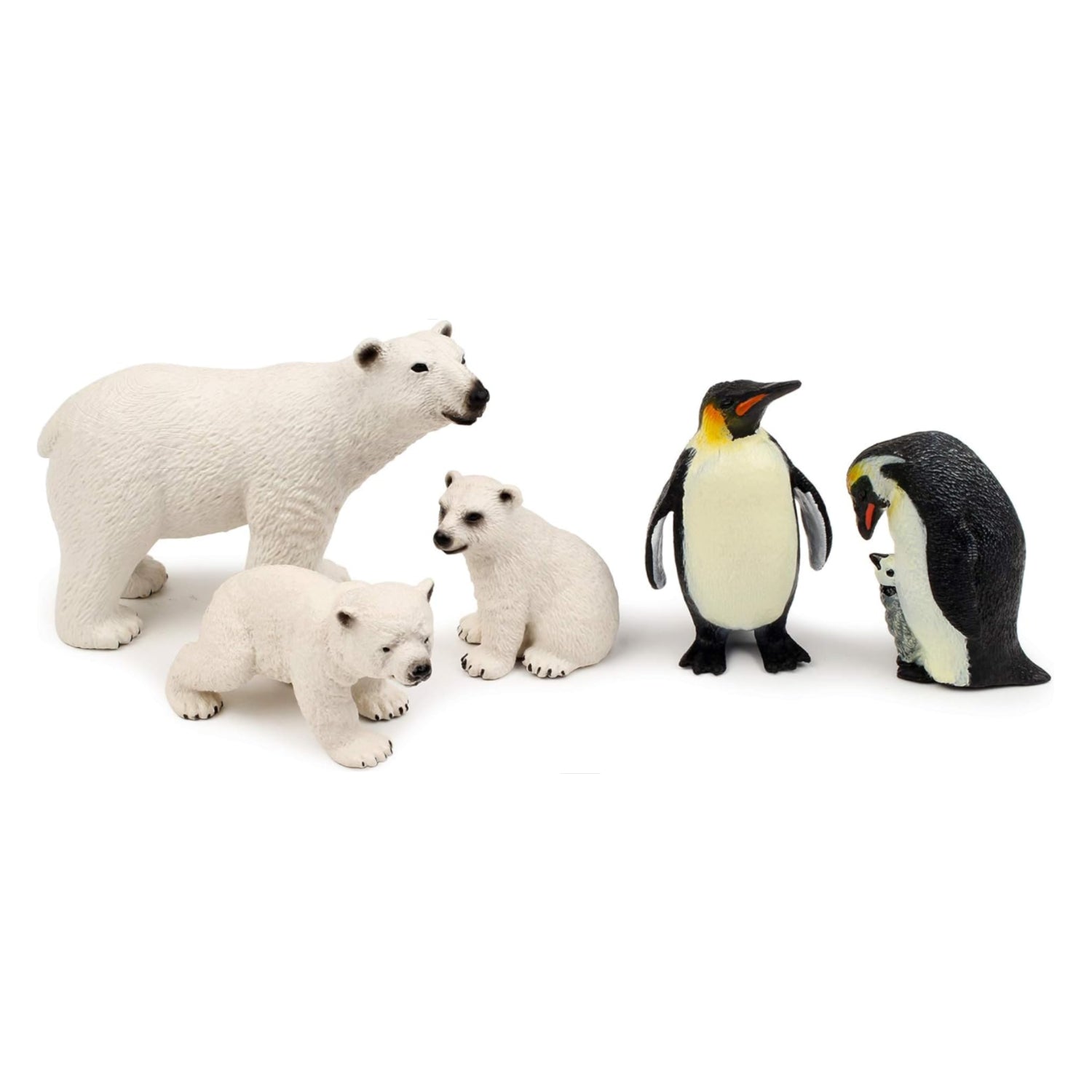 UANDME polar animal toy figurines set featuring a polar bear family and emperor penguin family, detailed and collectible.