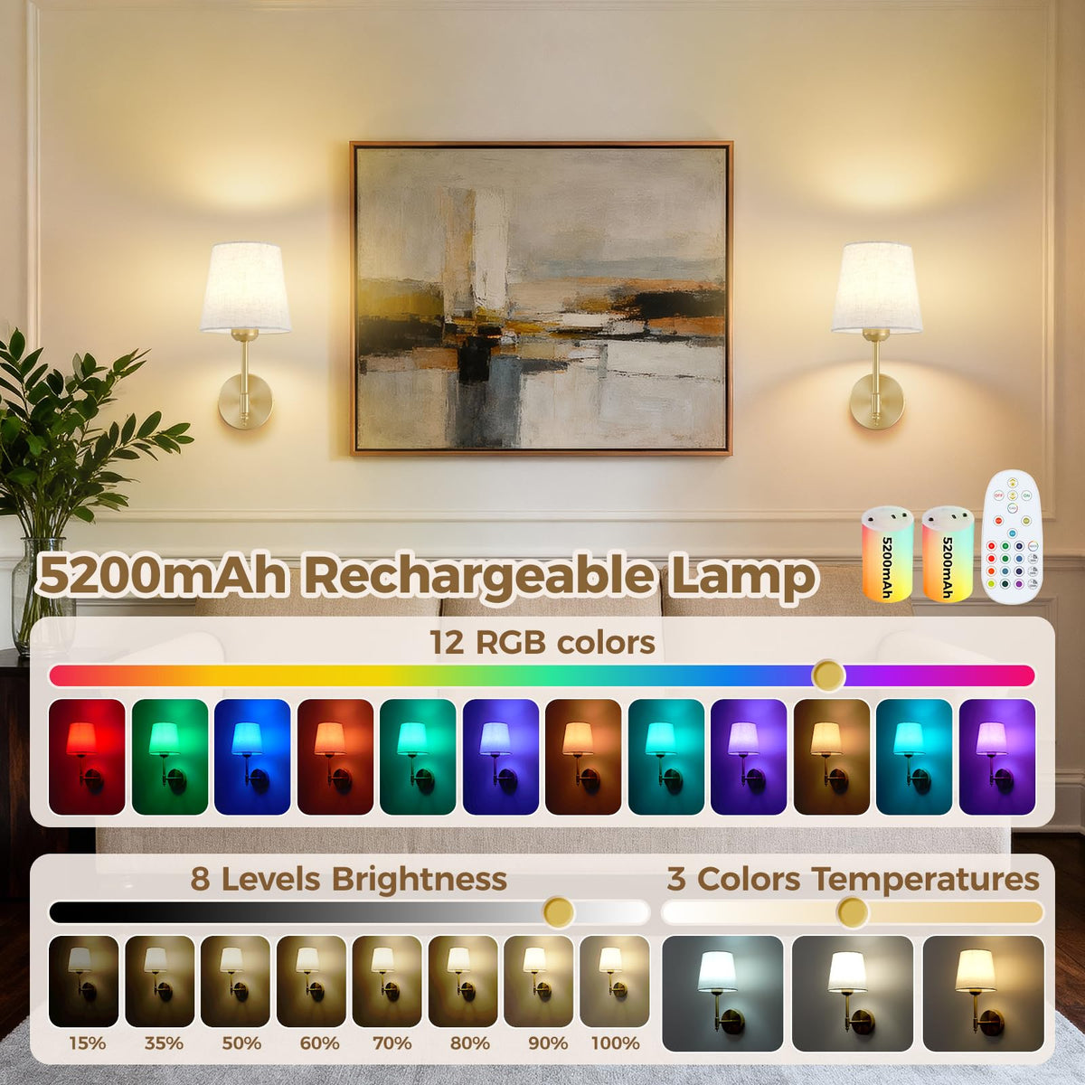 Gold Battery Operated Wall Sconces Rechargeable Wireless - jetffiao Official Imagery - 4