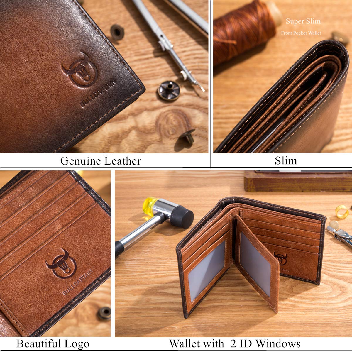 BULLCAPTAIN RFID Wallet Men Genuine Leather 11 Card Slots Brown