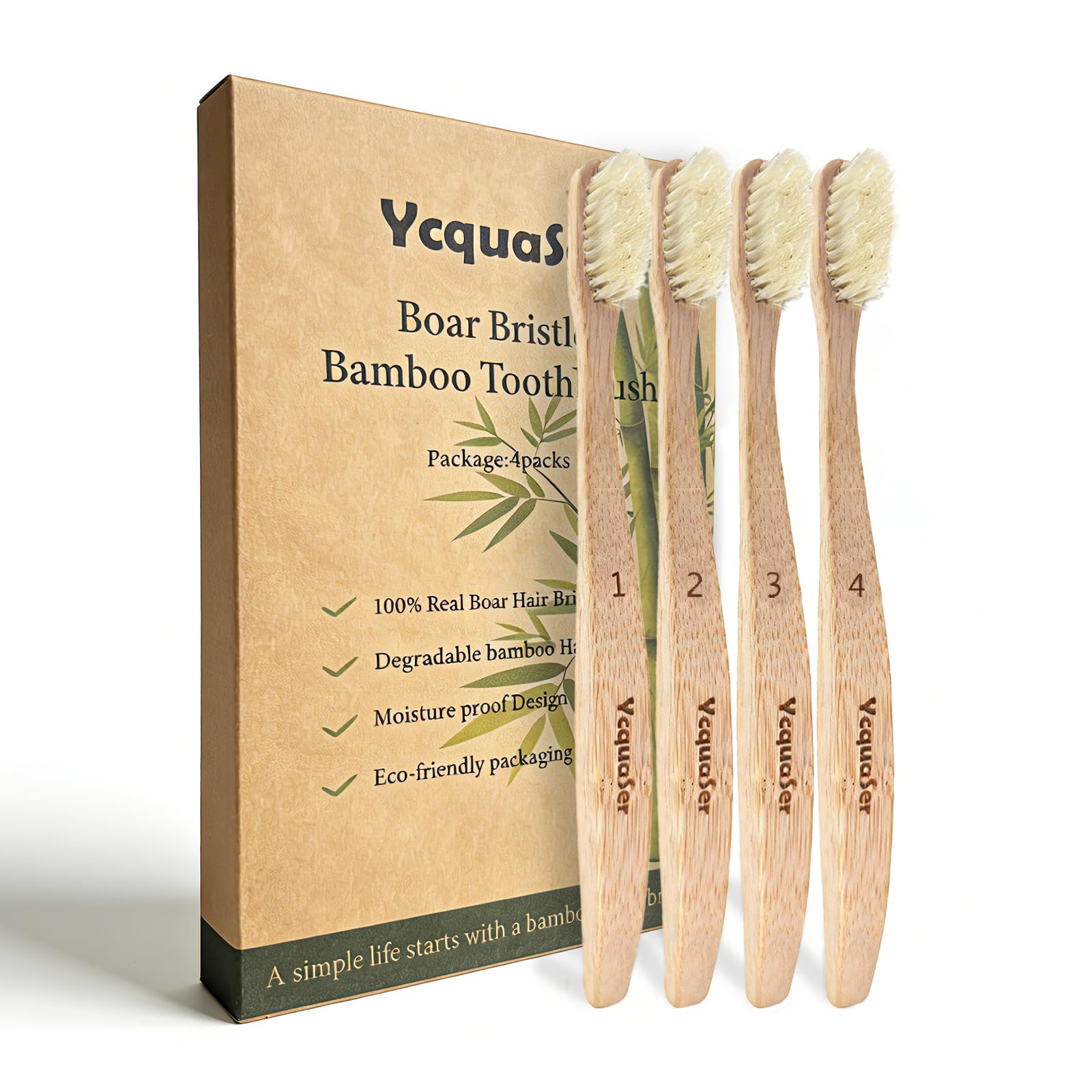 Ycquaser Boar Bristle Bamboo Toothbrush 4-Pack | Eco