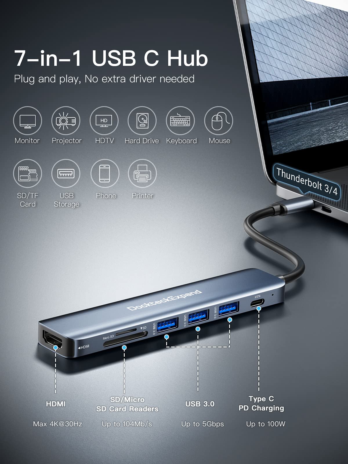 DockteckExpand 7-in-1 USB-C multiport hub with HDMI, USB 3.0, SD card reader, and Ethernet ports on a sleek black design.
