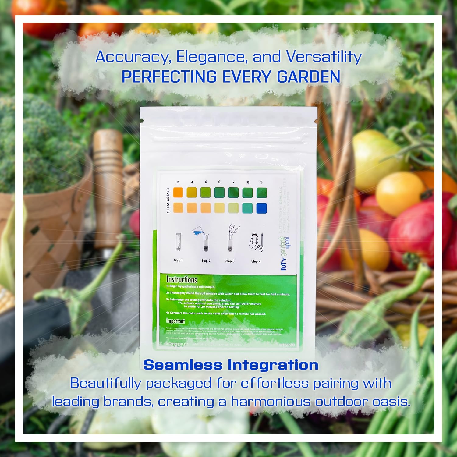 My Garden Pool bone meal 24 lb bag, garden claw gloves, soil test strips, and Smart Gardening Assistant app on a smartphone.