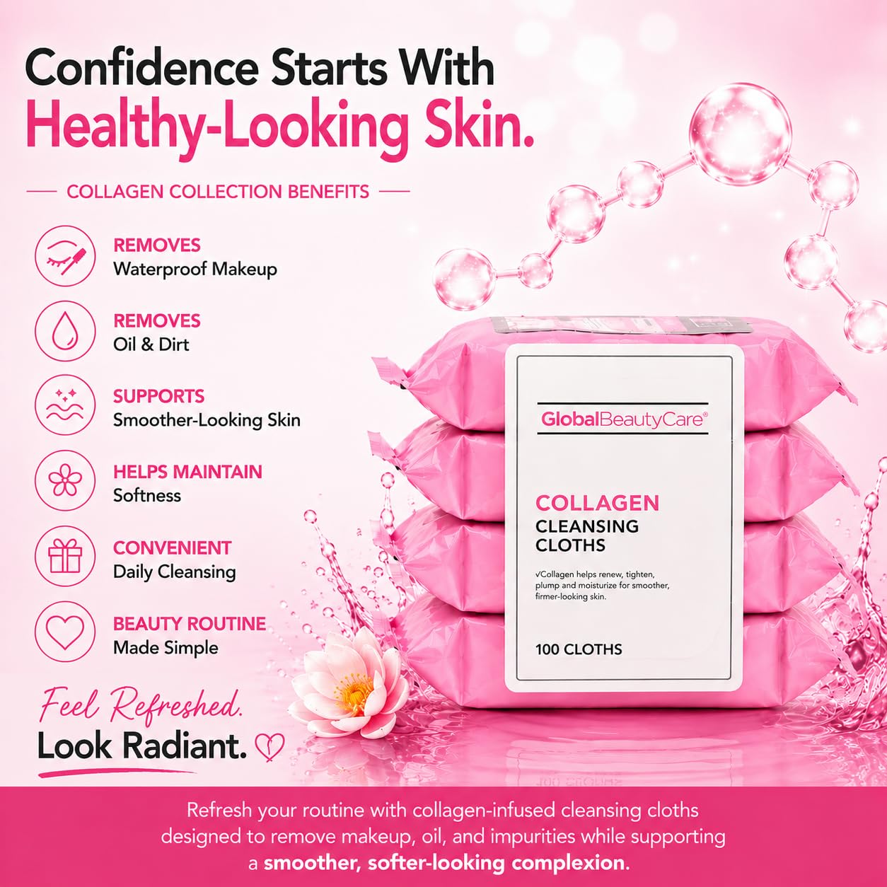 Global Beauty Care Collagen Cleansing Facial Towelettes, Makeup - Global Beauty Care
