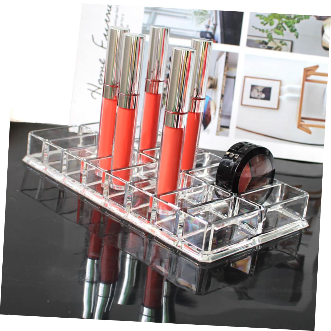 TEHAUX Acrylic Makeup Display Case 16-grid Double-row Compact Powder Organizer Cosmetic Storage Box for Beauty Care and Vanity Table