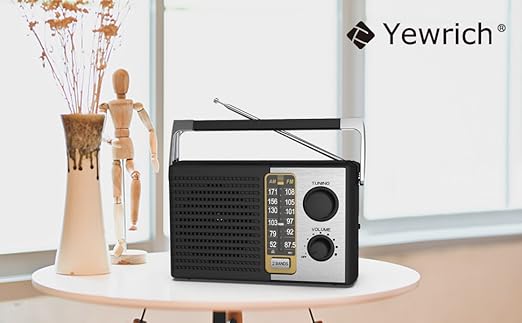 Yewrich portable AM FM radio with large tuning dial, speaker grille, and battery compartment for excellent reception and portability.