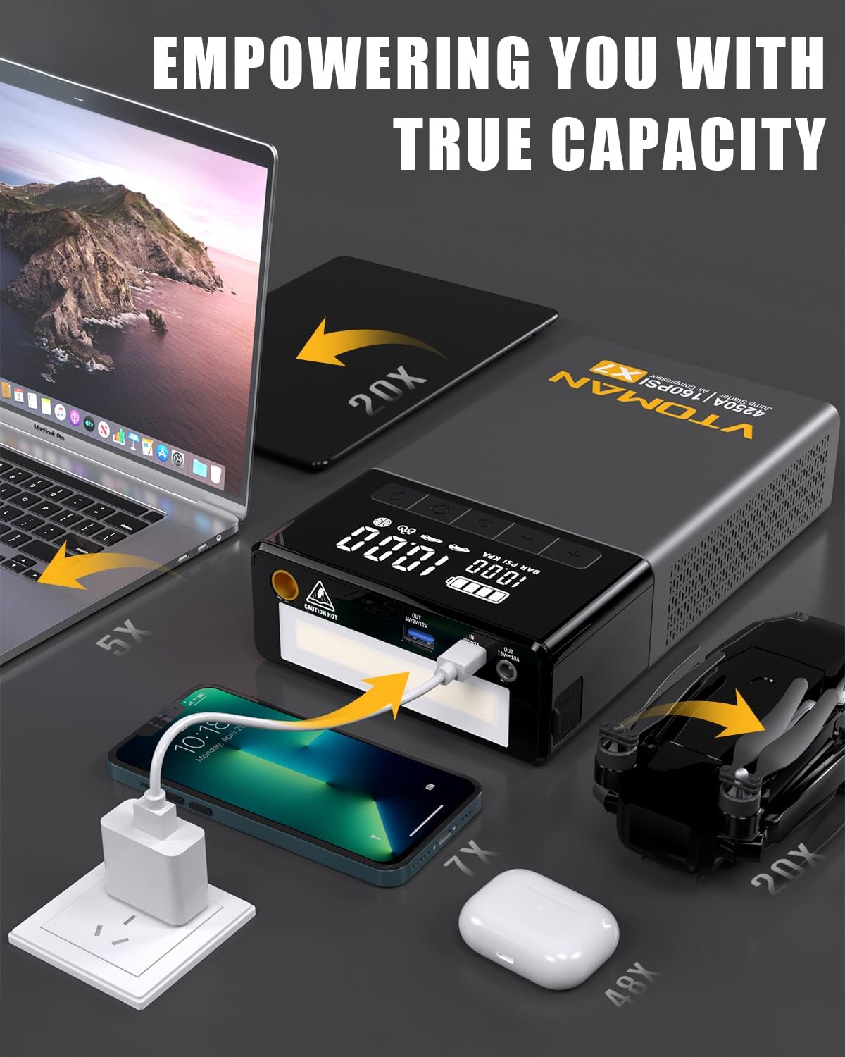 VTOMAN X7 Jump Starter with air compressor for pickup trucks and SUVs, showing digital display and power ports.