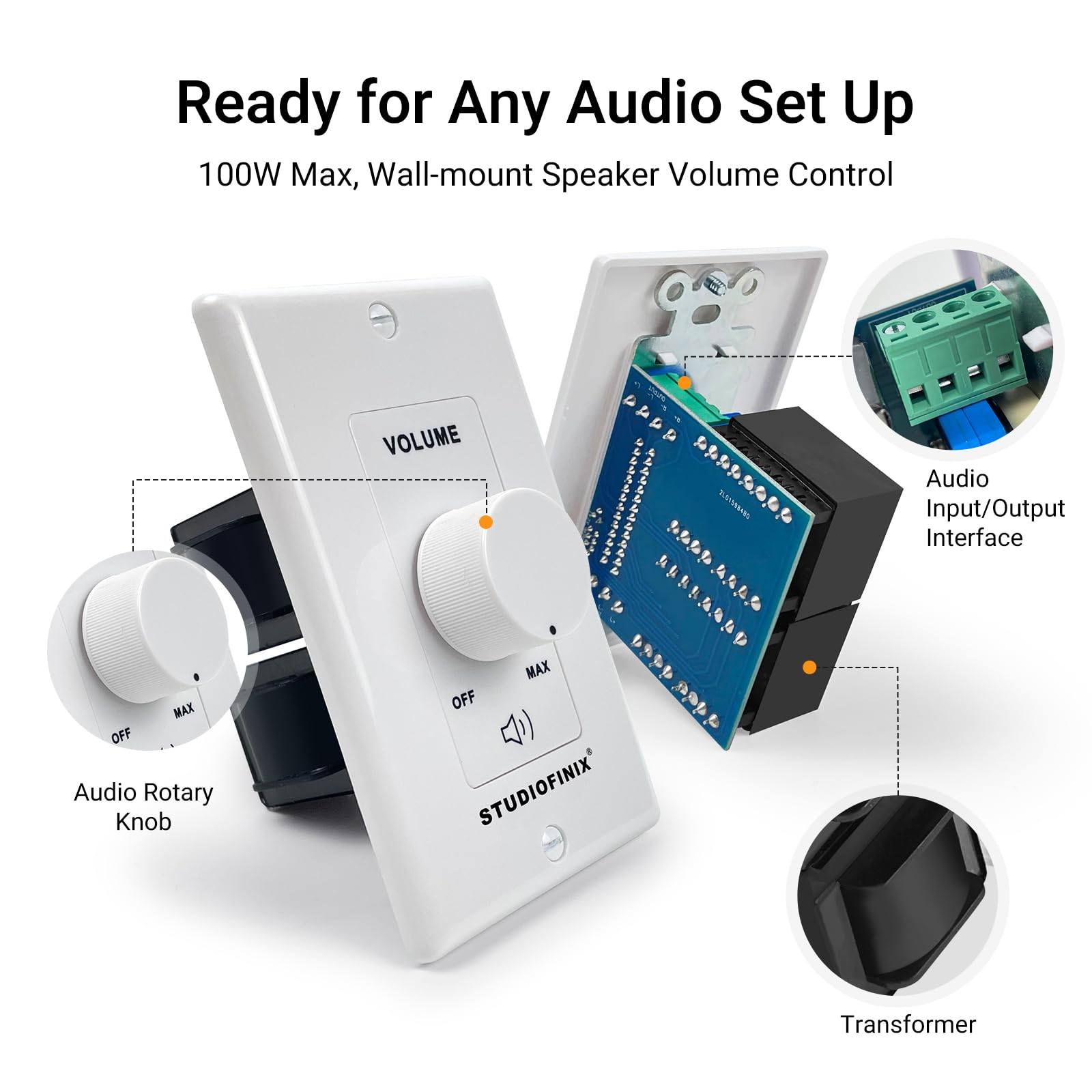 STUDIOFINIX 100W in Wall Volume Control Knob Matching Impedance - by STUDIOFINIX - Angle View 5