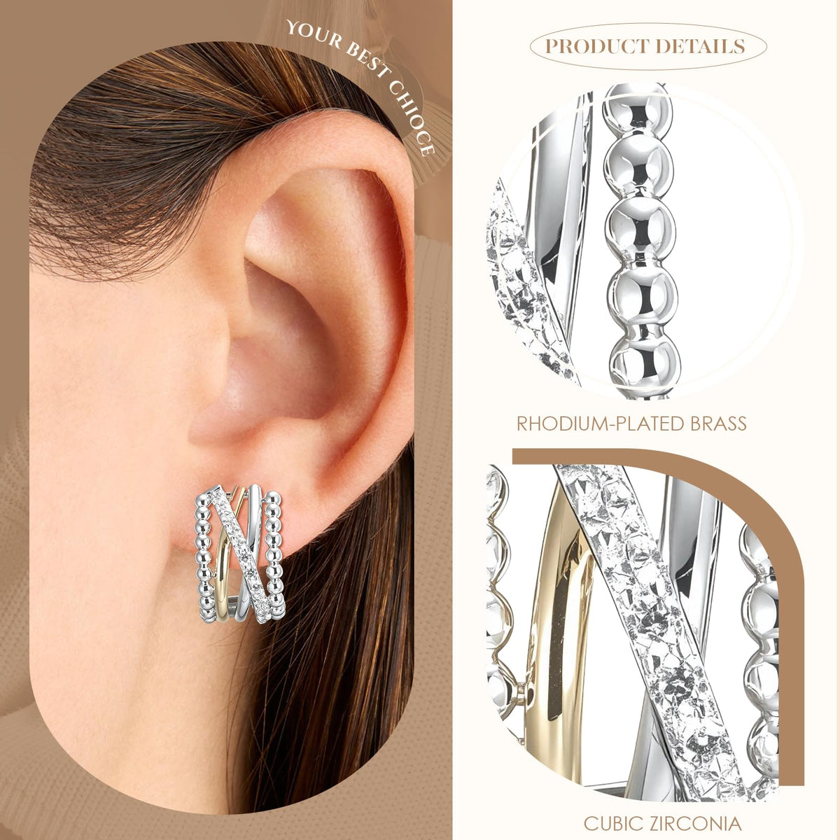 Two Tone Jewelry Twisted CZ Hoop Stud Earrings Rhodium - MWAHXIAO Official Imagery - 5