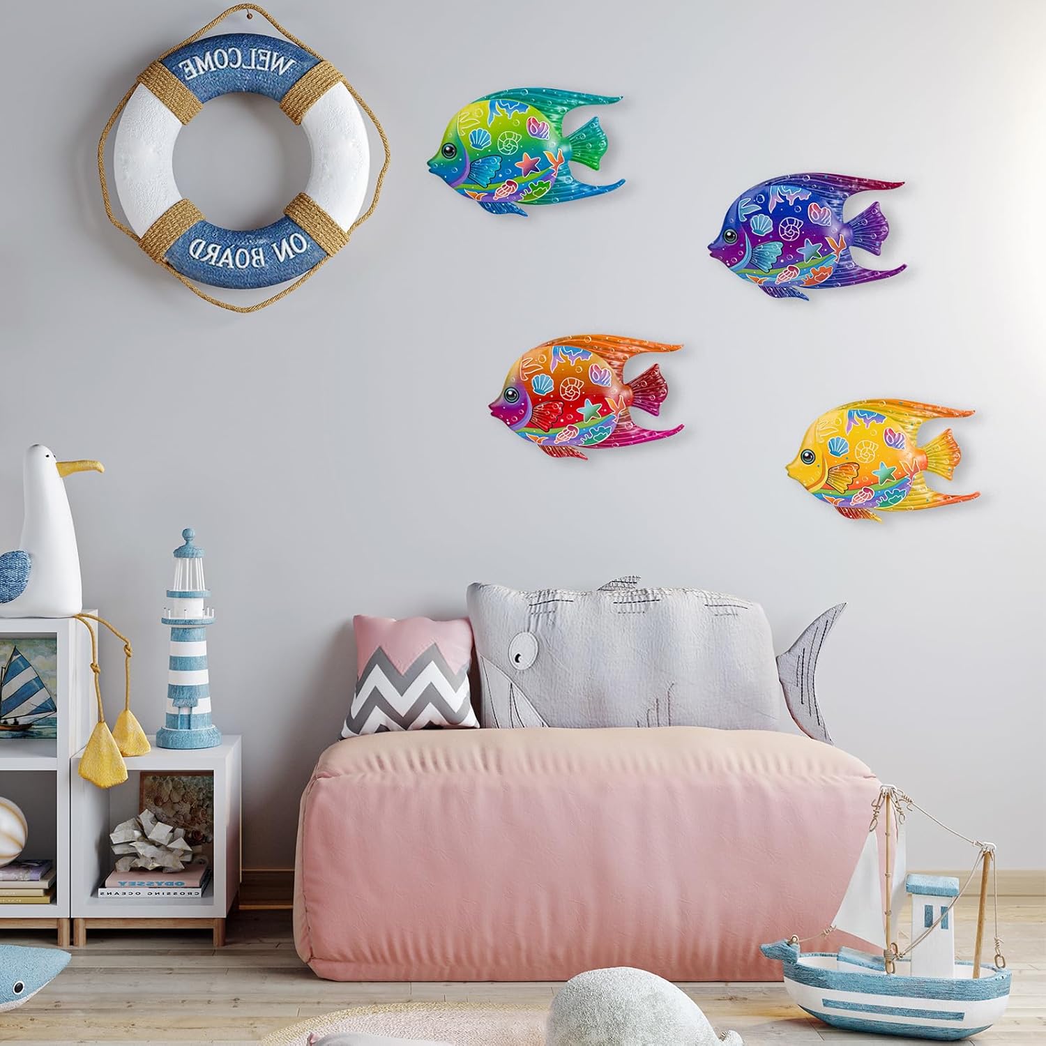 SUNREEK 9-inch metal fish wall art, coastal beach nautical decor with four silver fish design for outdoor ocean or pool wall decoration