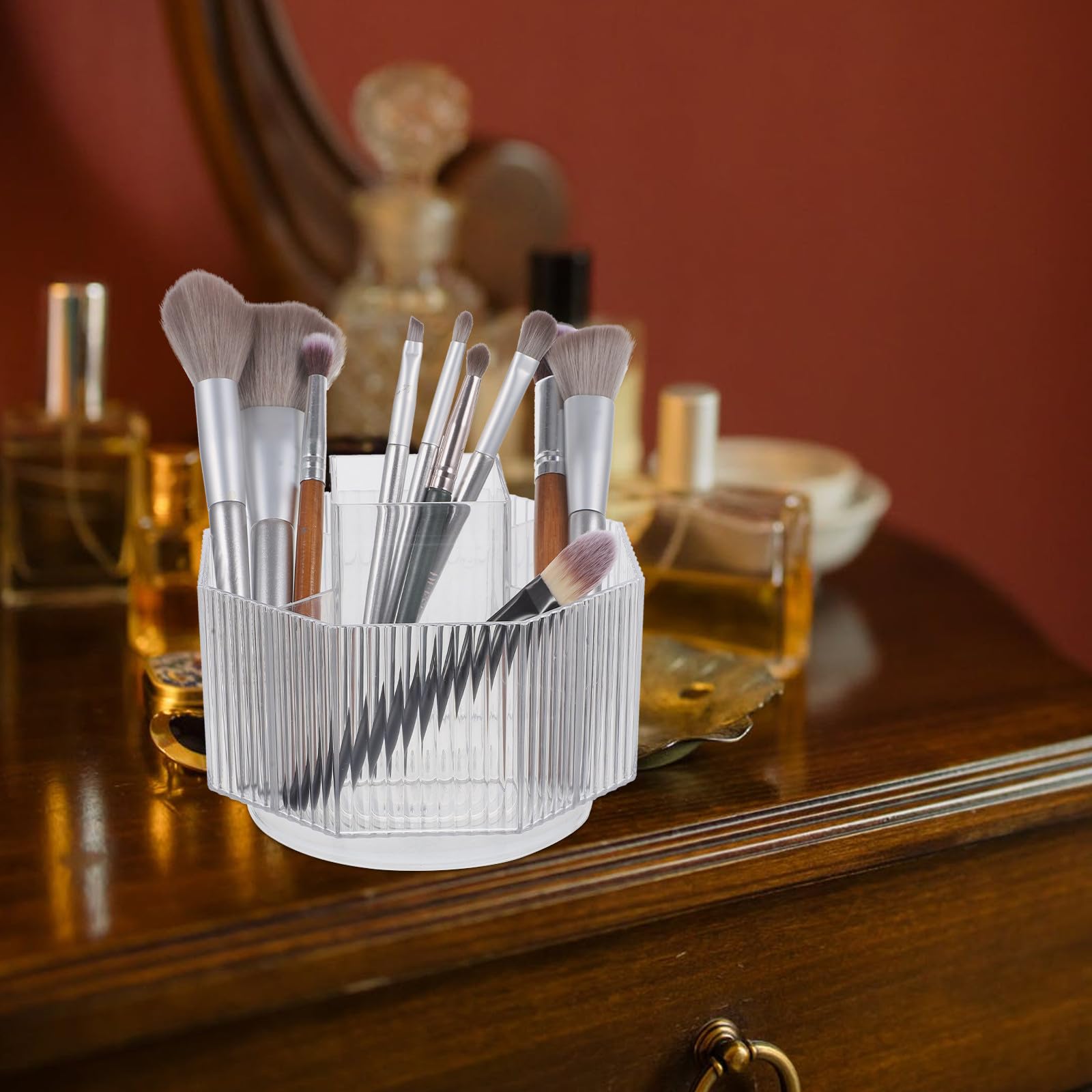VILLCASE rotating makeup brush caddy with lid, 360° swivel holder for cosmetic brushes, eyebrow pencils, and professional makeup tools