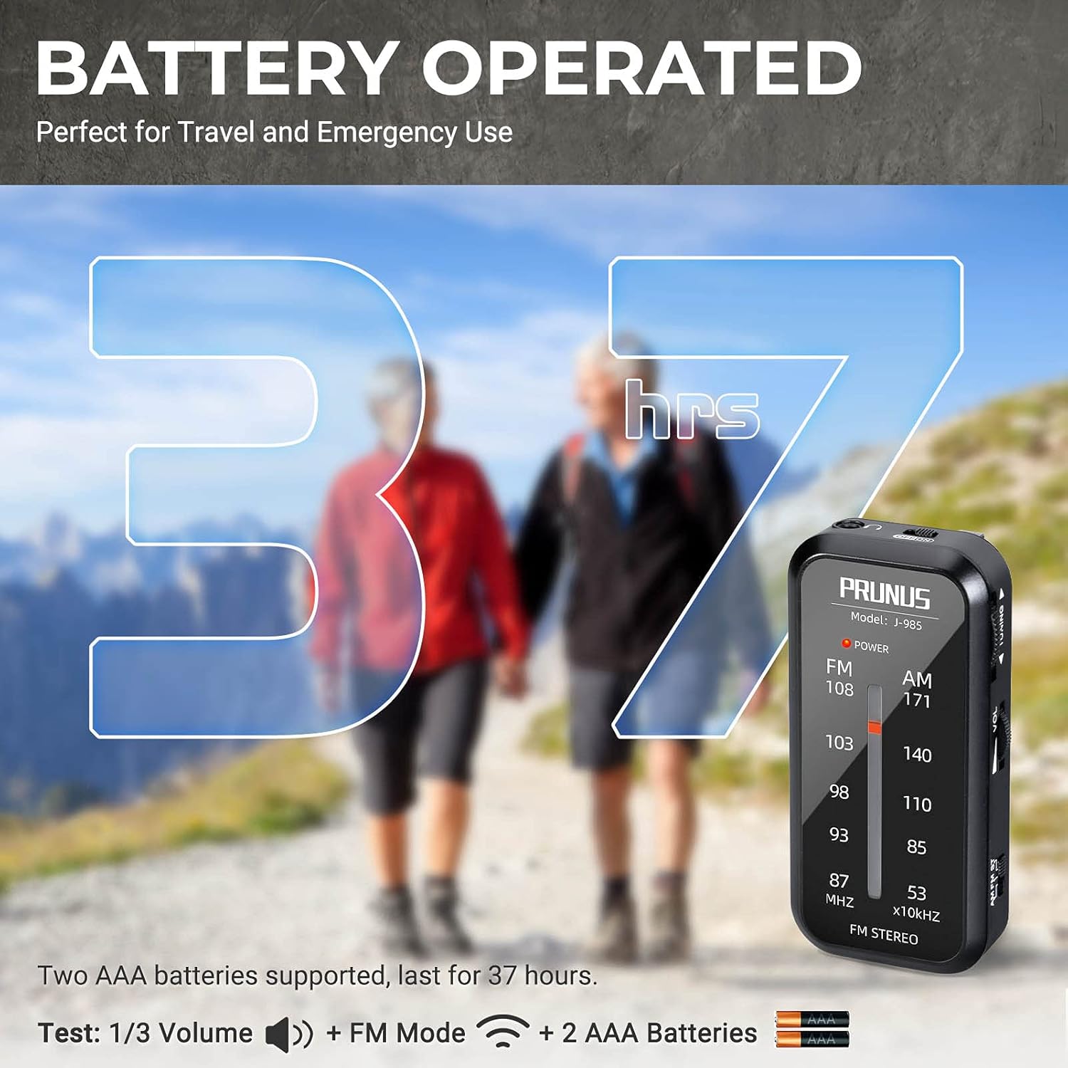 Portable PRUNUS Pocket Radio with AM/FM stereo tuning, battery operated, compact design for on-the-go listening.