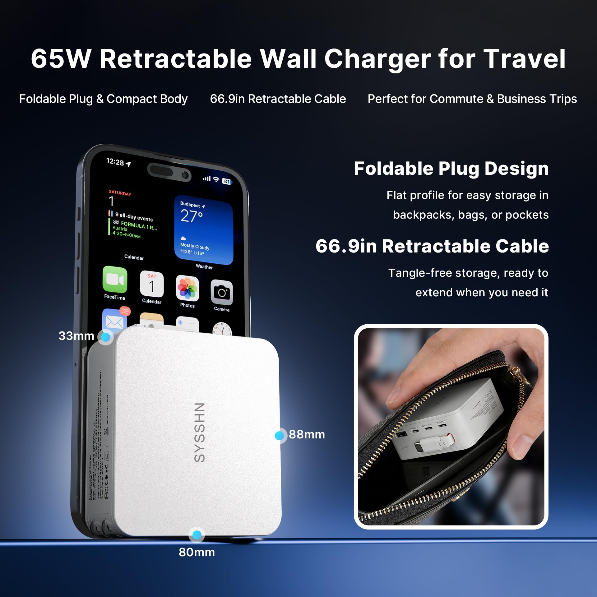 SYSSHN 65W GaN6 retractable wall charger with long USB-C cable, foldable plug, compatible with MacBook, iPhone, Samsung Galaxy, and tablets.