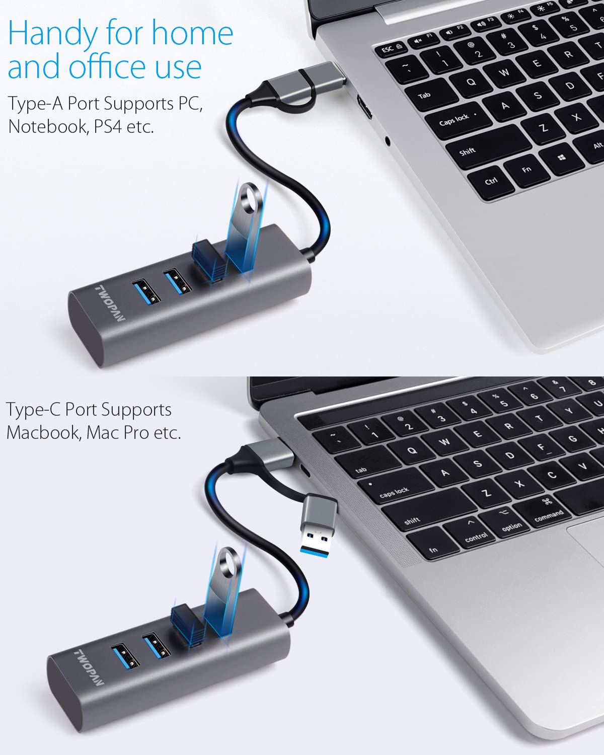 TWOPAN 4-Port USB 3.0 Hub for Laptop, Aluminum Alloy, USB-A & USB-C Plugs, 5Gbps Data Transfer, Compatible with MacBook Pro/Air, iMac, iPhone 16/15, Desktops, Tablets, Keyboard, Mouse, Mobile HDD