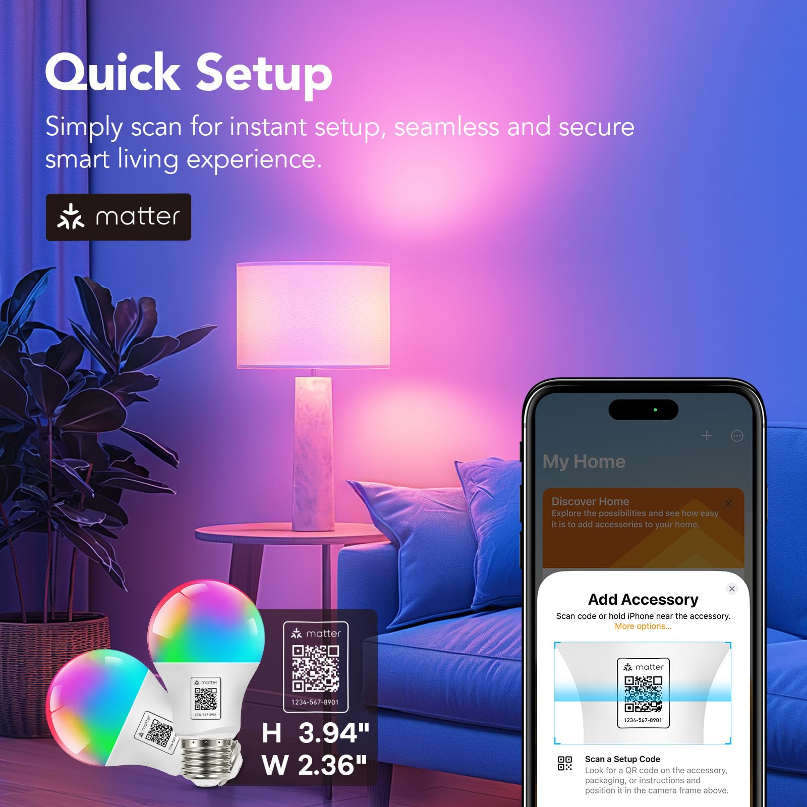 OREiN Matter Smart Light Bulb, A19 RGBTW Color Changing Light Bul - OREiN Official Product View 2