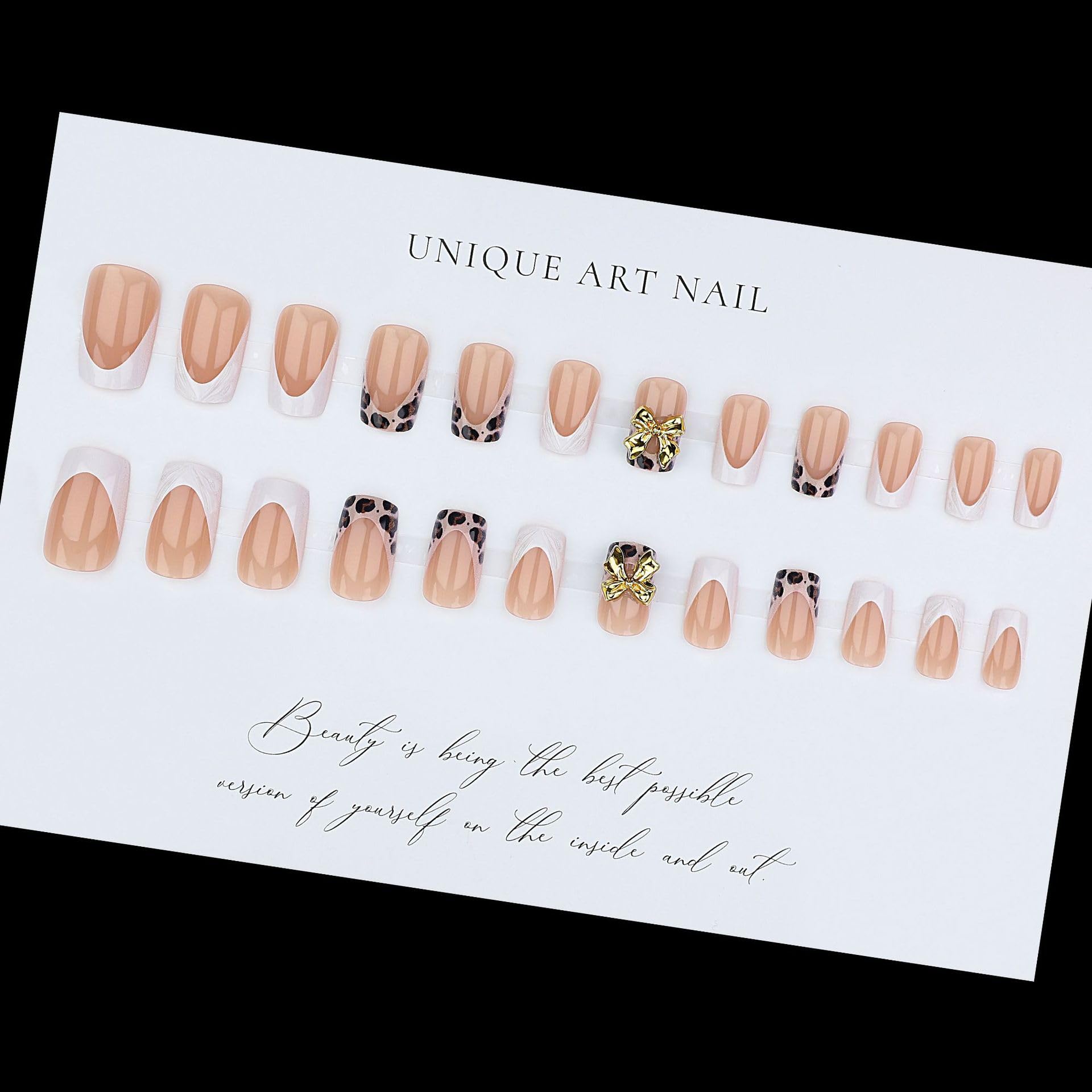 Press On Nails Medium Square Fake Nails French Tip Nails Press Ons With Leopard Print 3D Bow Designs, Fall Winter Glue On Nails For Women Nail Art, Reusable Glossy Acrylic 24Pcs