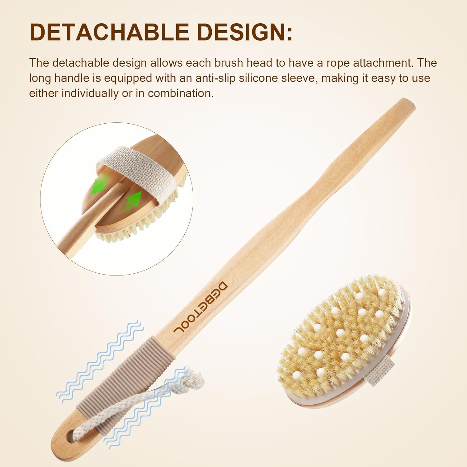 DEBETOOL dry brushing set with natural boar bristle body and face brush, featuring a wooden long handle for gentle exfoliation