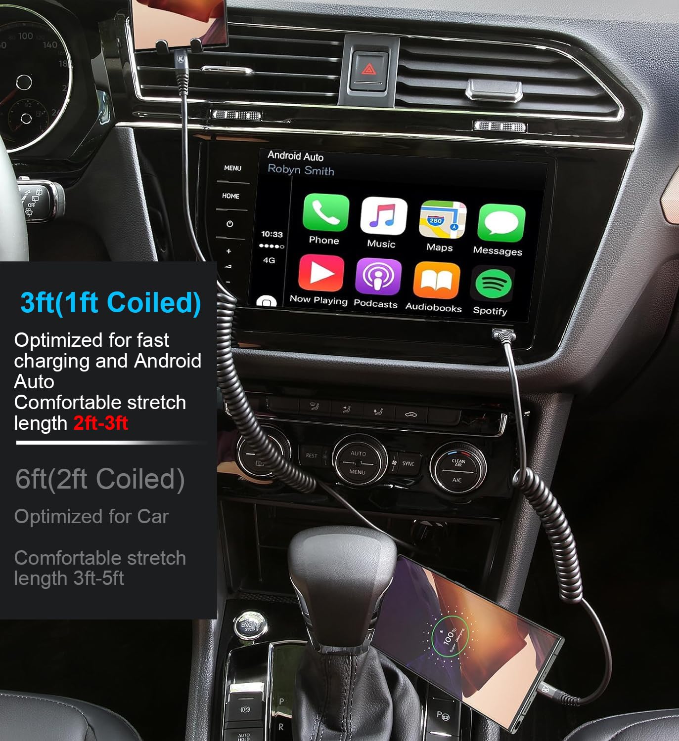 KIYODA USB C to C Cable 3ft 2Pack – Coiled Car Charger