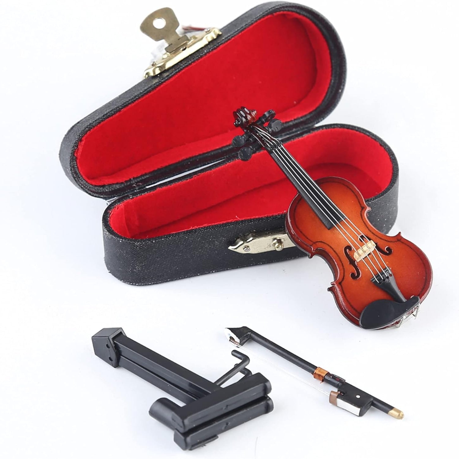 Miniature Dselvgvu violin with stand, bow, and case, measuring 6.31"x2.24"x0.98", detailed small musical instrument set.
