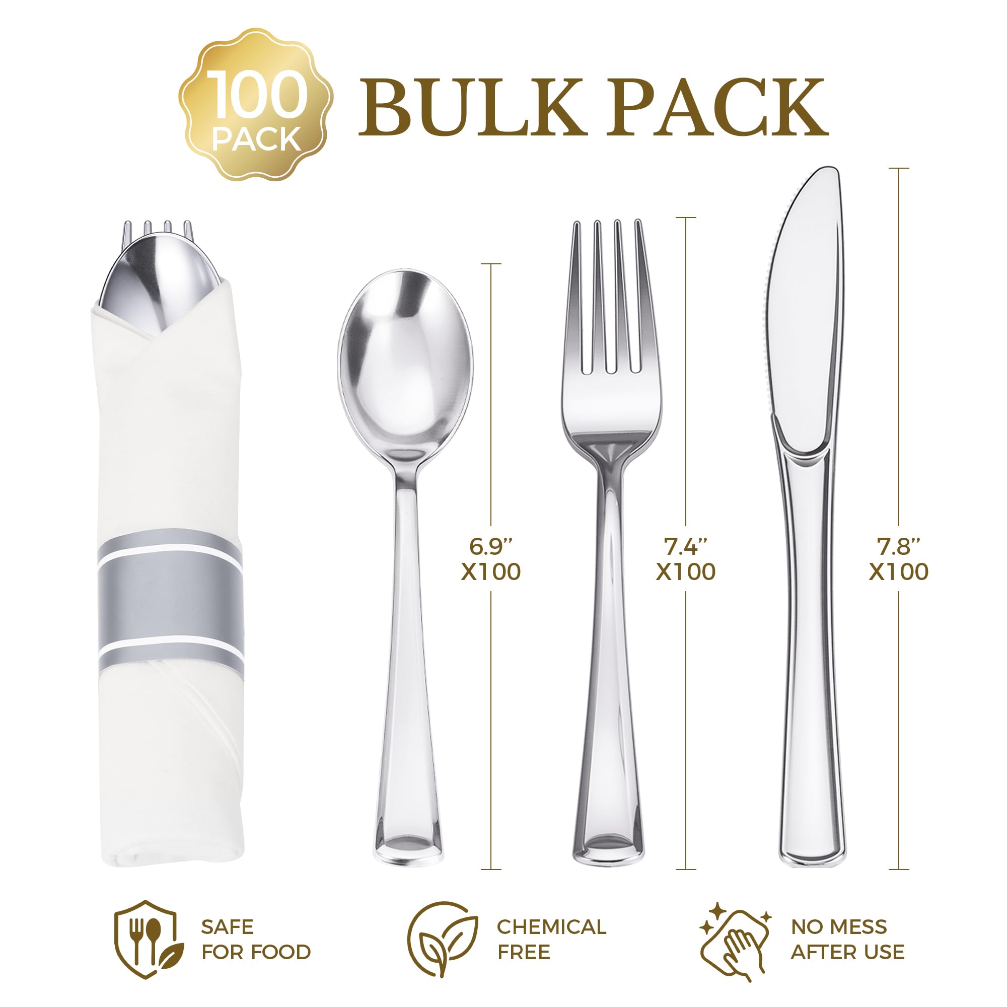 Goodluck 100 Pack Pre Rolled Silver Plastic Silverware, Wrapped C - Goodluck Official Product View 3