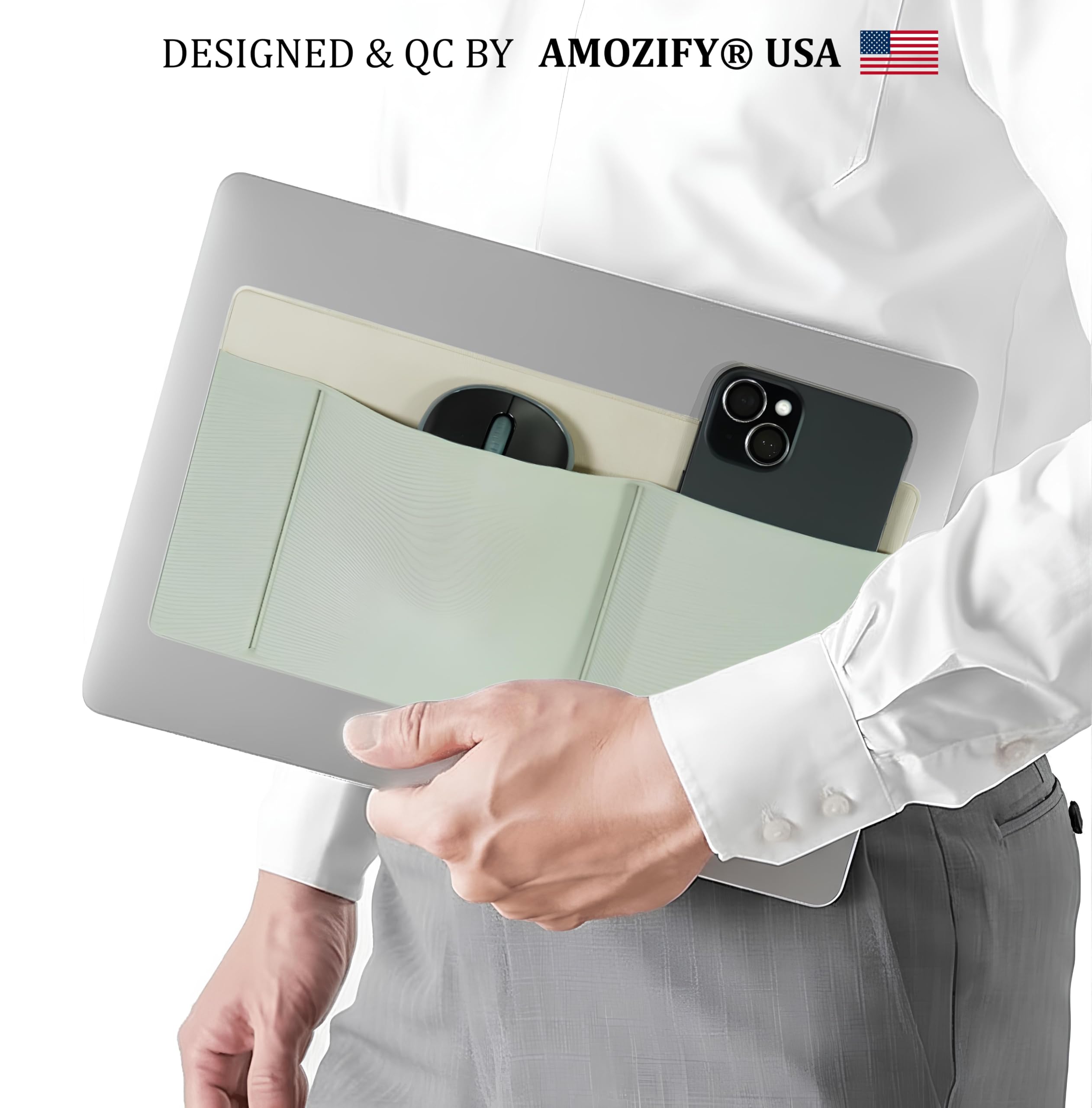 Gray AMOZIFY 3-pocket organizer caddy with mouse holder, adhesive pouch, and external hard drive sleeve for MacBook accessories.