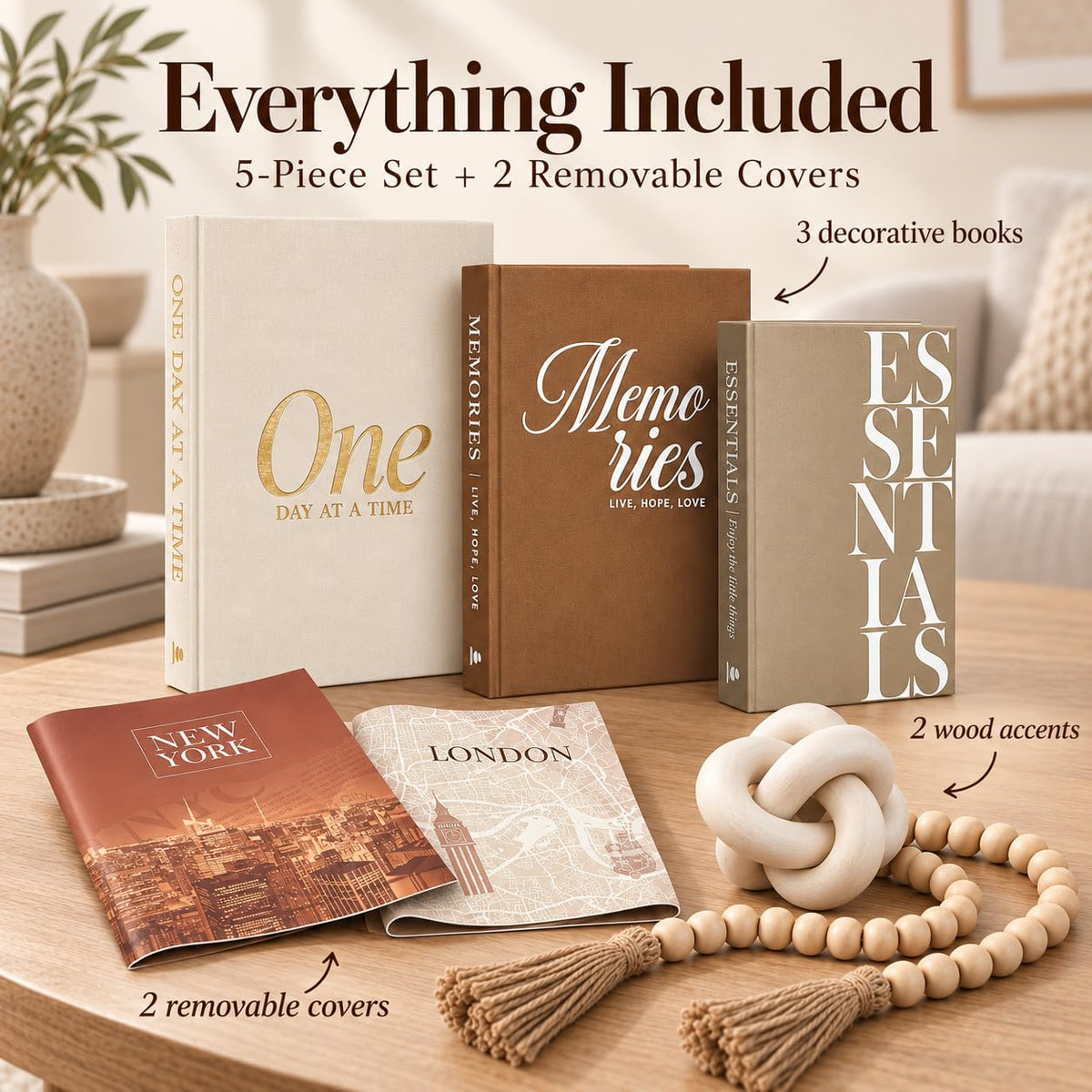 5Pcs Set 3 Linen Decorative Books for Home Decor Wood Knot - JULZEN Official Imagery - 4