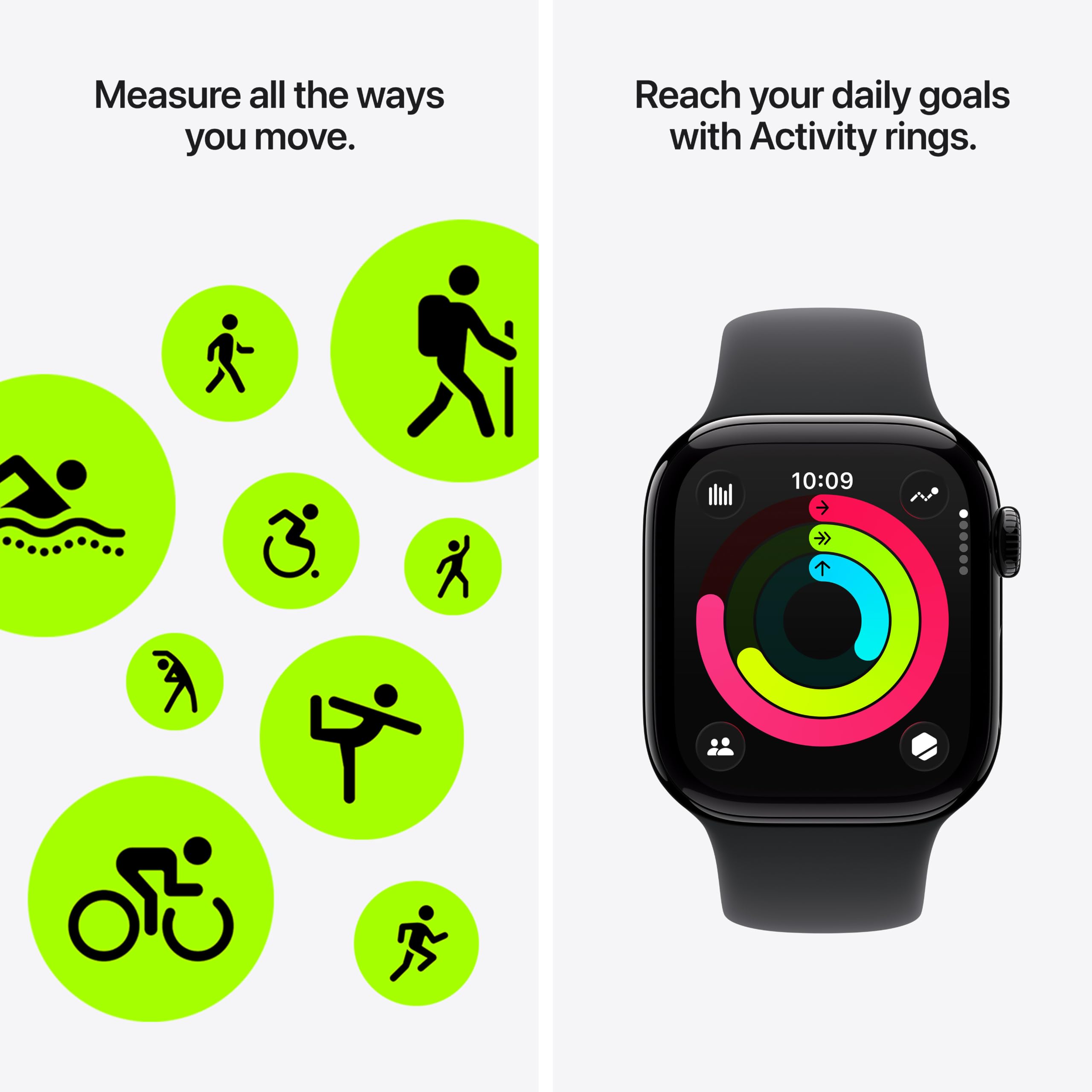 Apple Watch Series 11 GPS 42mm smartwatch with jet black aluminum case and black sport band, displaying health and fitness metrics.