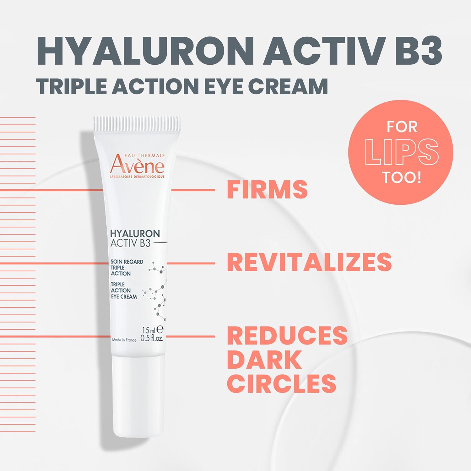 Avène Hyaluron Activ B3 triple correction eye cream in a 0.5 fl oz jar, featuring a smooth, hydrating formula for eye area.