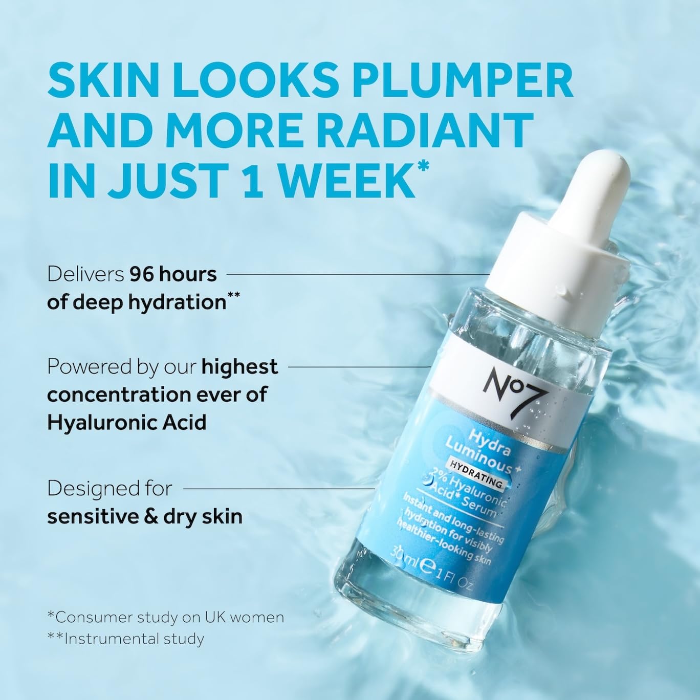 No7 HydraLuminous+ 2% Hyaluronic Acid Serum, 1 Fl Oz - No7