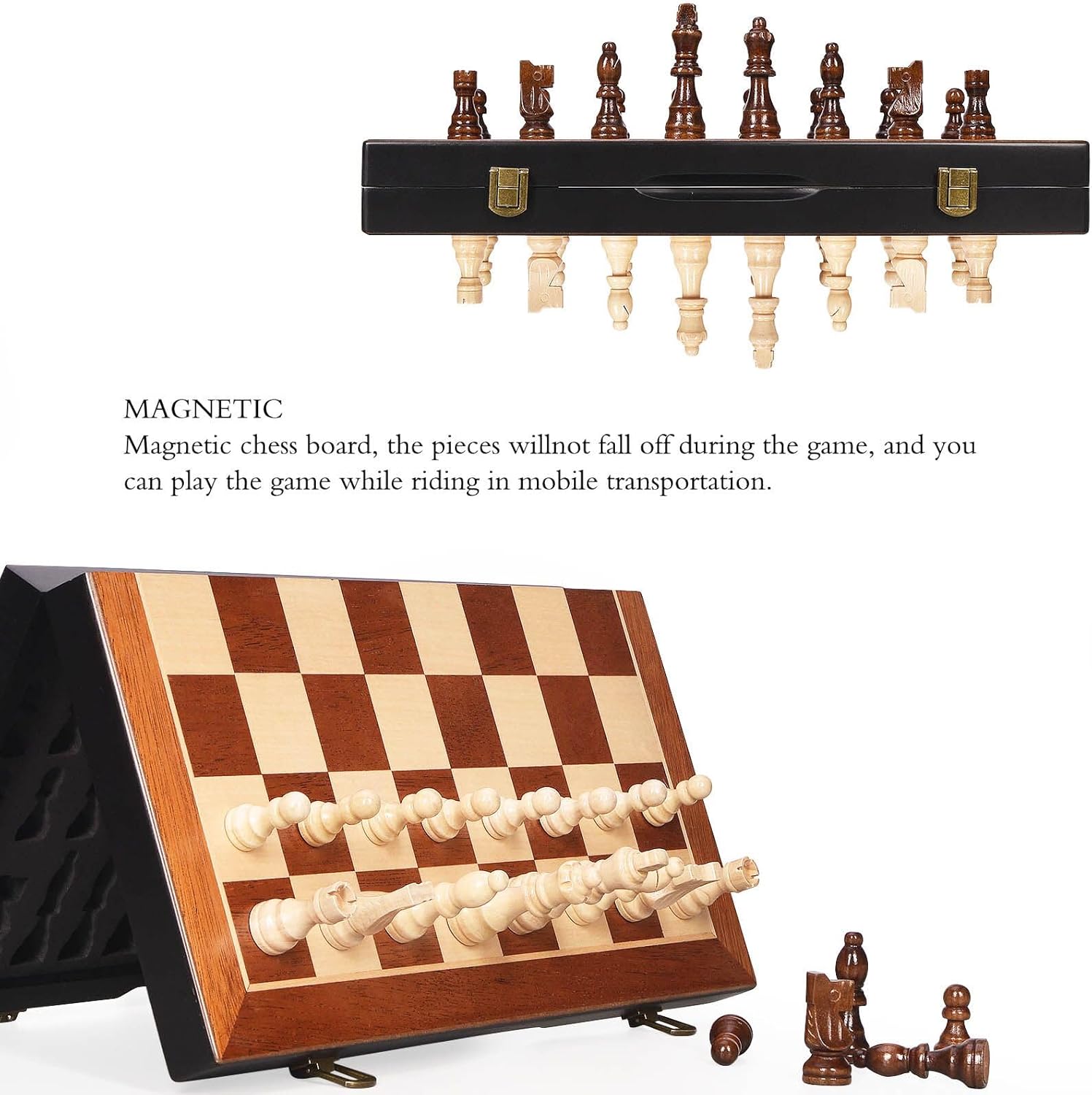 Magnetic wooden chess set with a 15-inch unique chessboard and pieces, ideal for travel and casual chess games by BIVOMON.