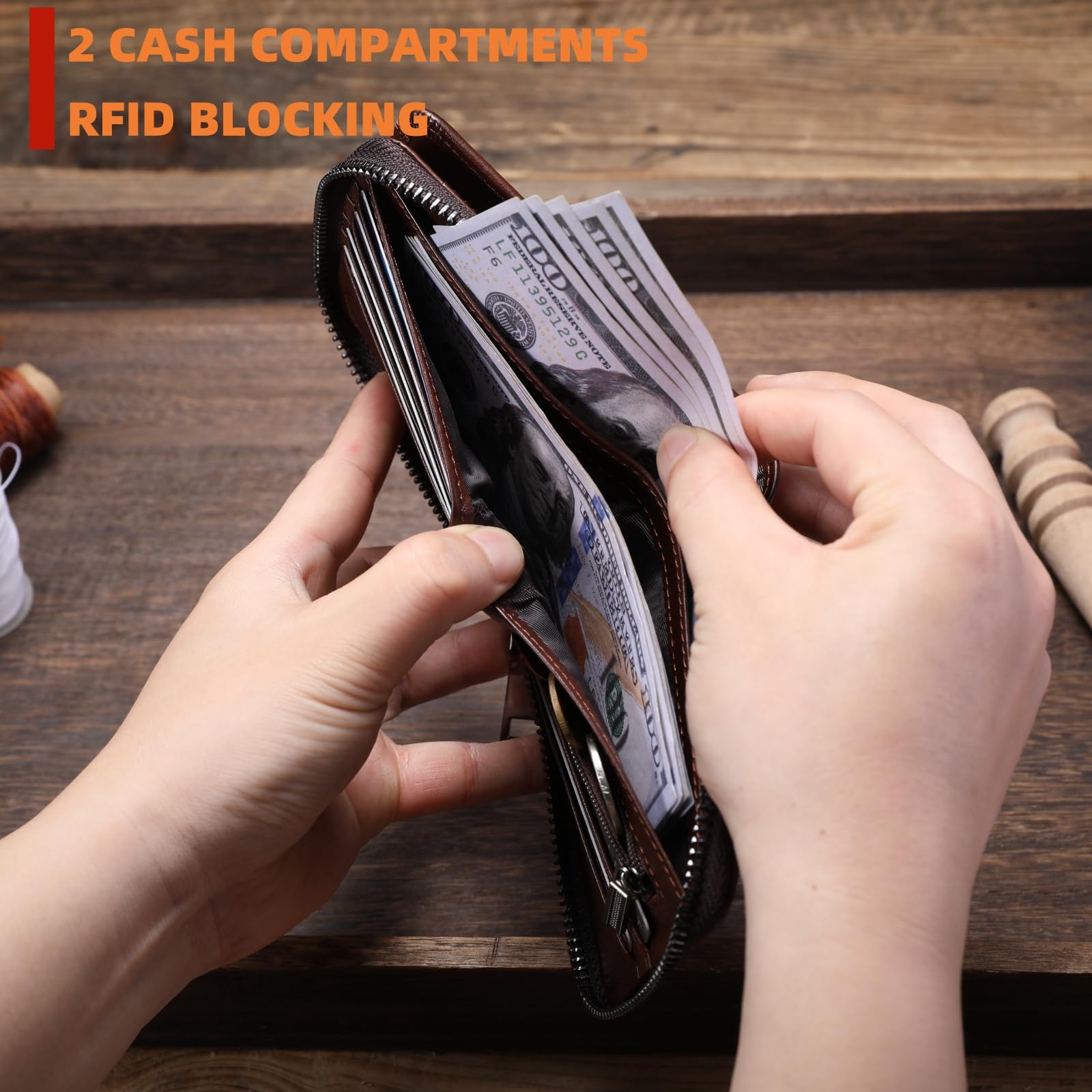 BULLCAPTAIN Leather Zipper Wallet for Men – RFID Blocking