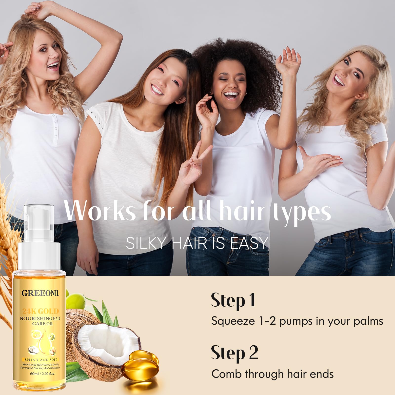 GREEONIL 24K Gold Argan, Coconut, and Olive Oil Serum for Frizz Control, Shine, - GREEONIL Official Product View 7
